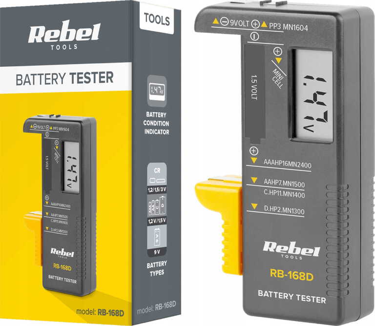 REBEL tester baterii 9 V, guzikowe, AAA, AA, C, D